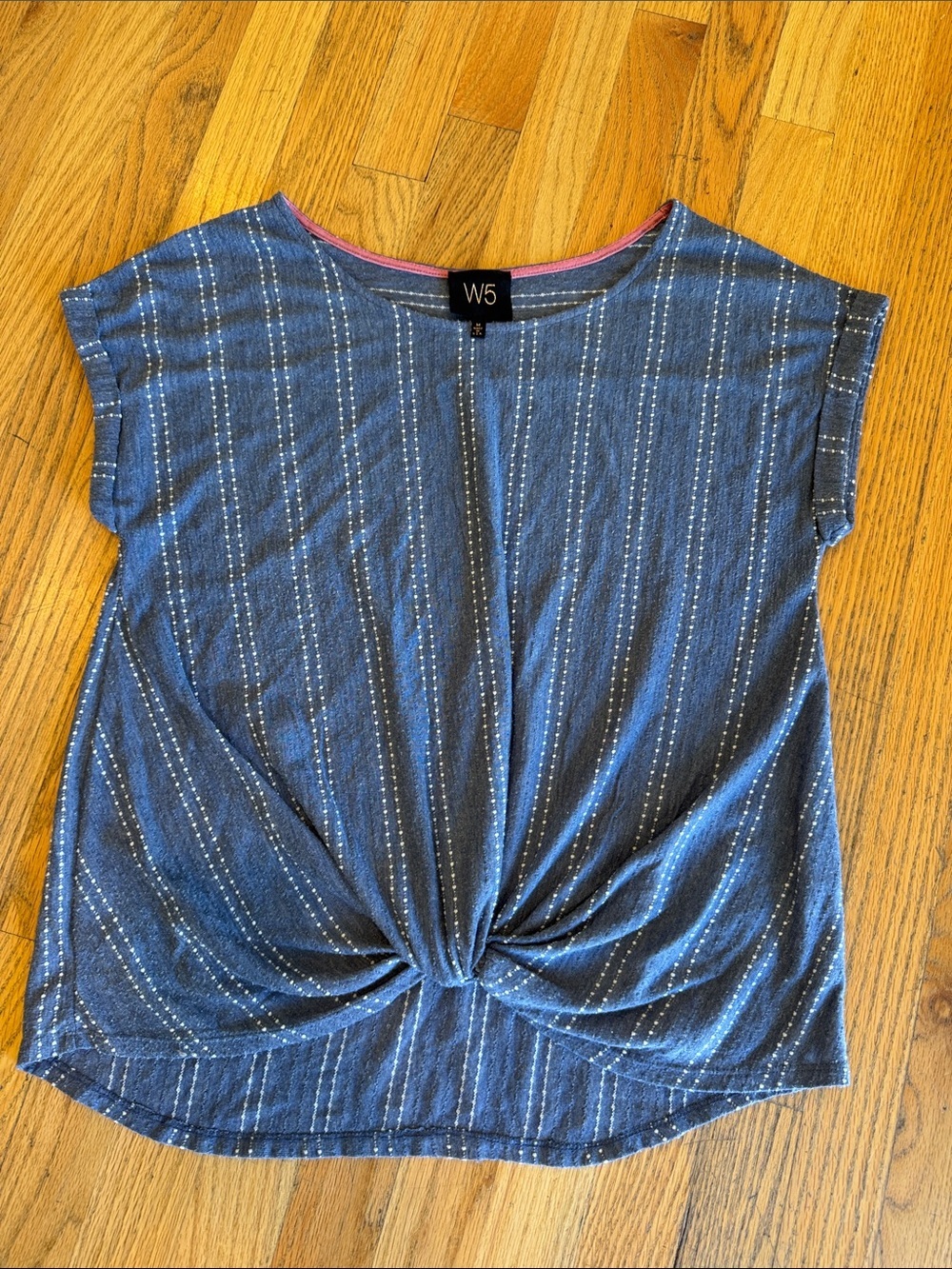 W5 Blue Heathered Striped Knit Top with Pink Trim Medium